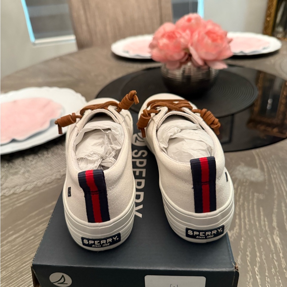 Sperry Off-White Canvas Sneakers with Tan Laces